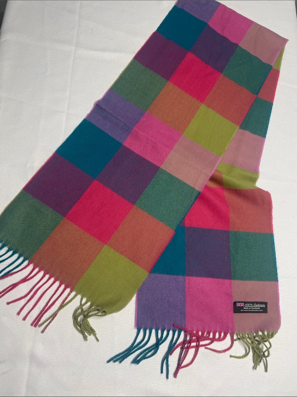 Plaid 100% Cashmere Scarf Made in Scotland 68 x 12 Pink Blue Green Fall Winter